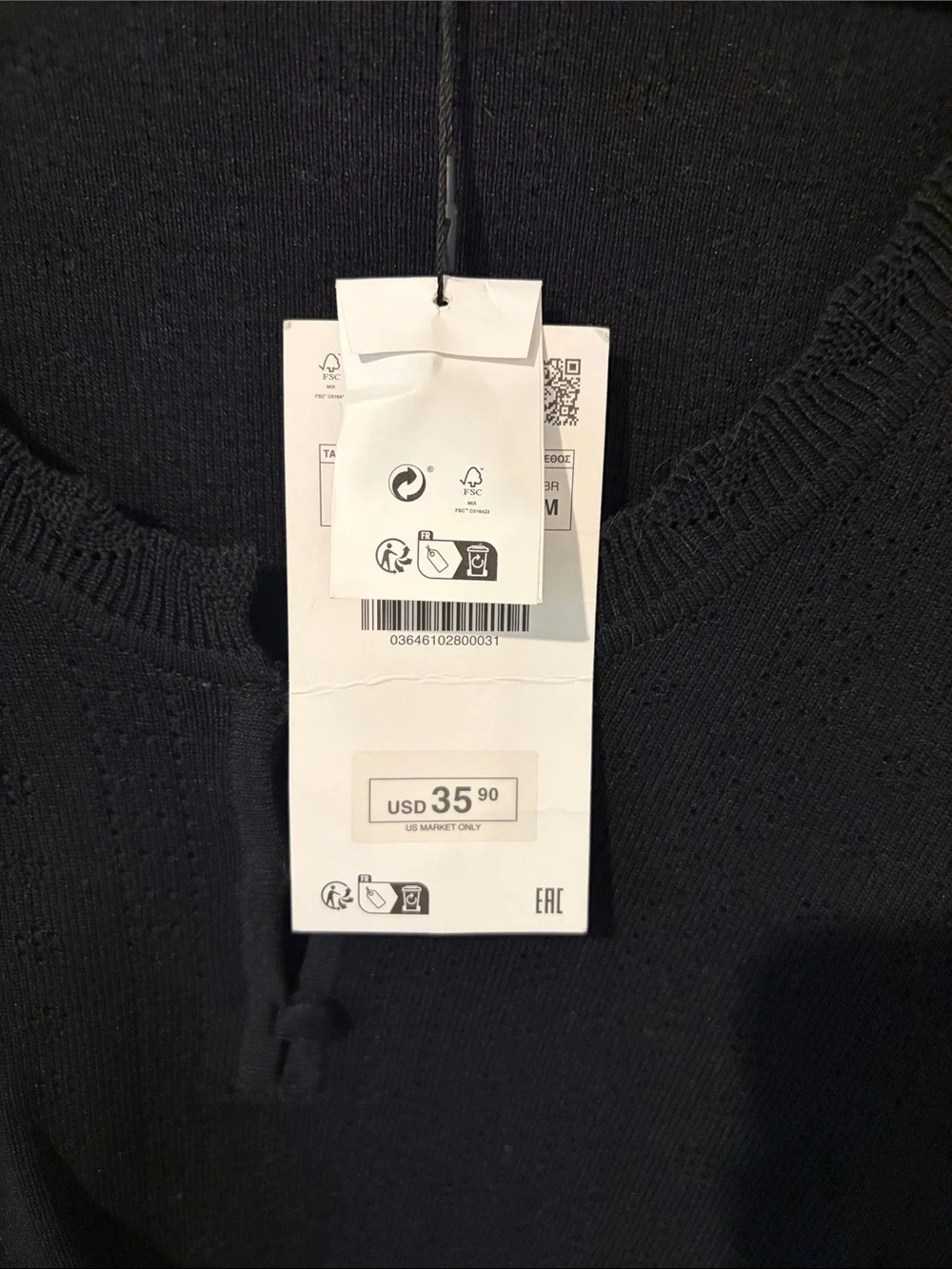 Zara Black Pointelle Long-Sleeve Knit Top with Front Button Detail